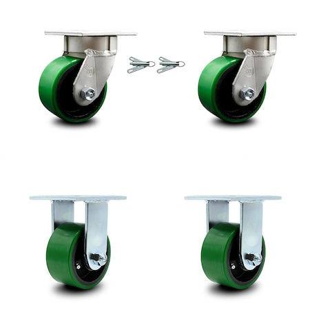 Service Caster 4 Inch Kingpinless Green Poly on Steel Wheel Caster Swivel Locks 2 Rigid, 2PK SCC-KP30S420-PUR-GB-BSL-2-R-2